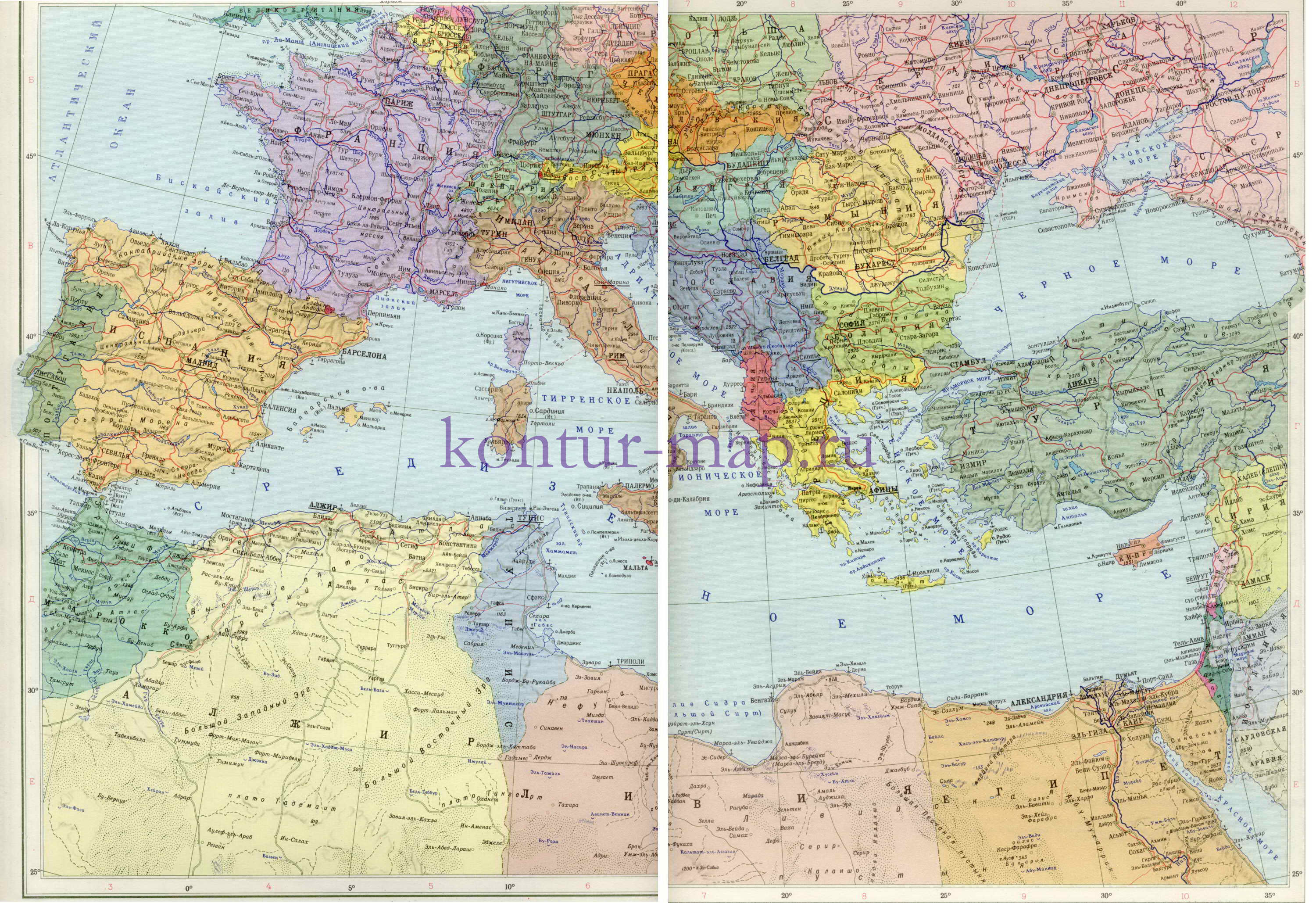 Политическая карта Европы. Карта Средиземного моря на русском языке - карта Европы, A0 - 